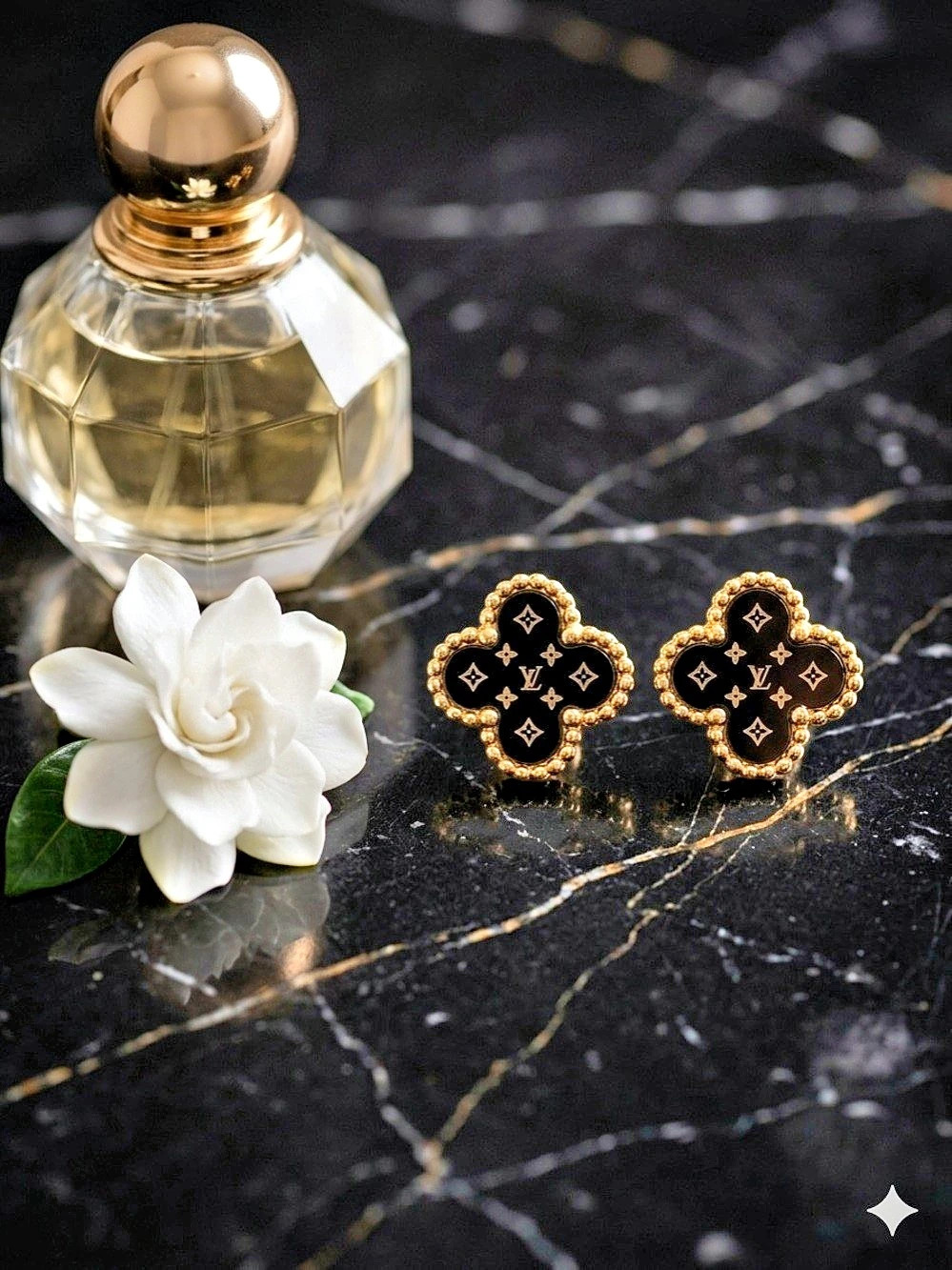 Gold Clover L V logo Stud Earrings NWT